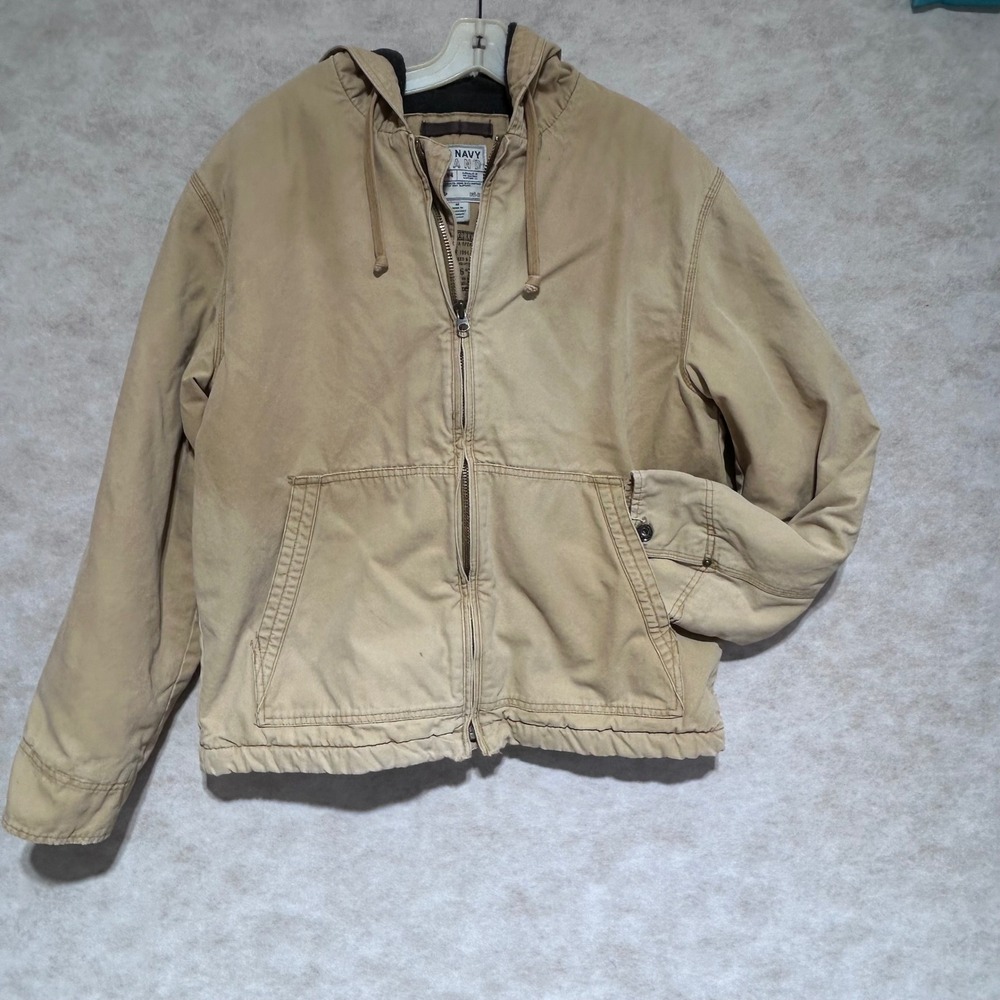 Old Navy Mens Canvas Hooded Workwear Jacket Tan Fleece Lined Utility Coat Medium
